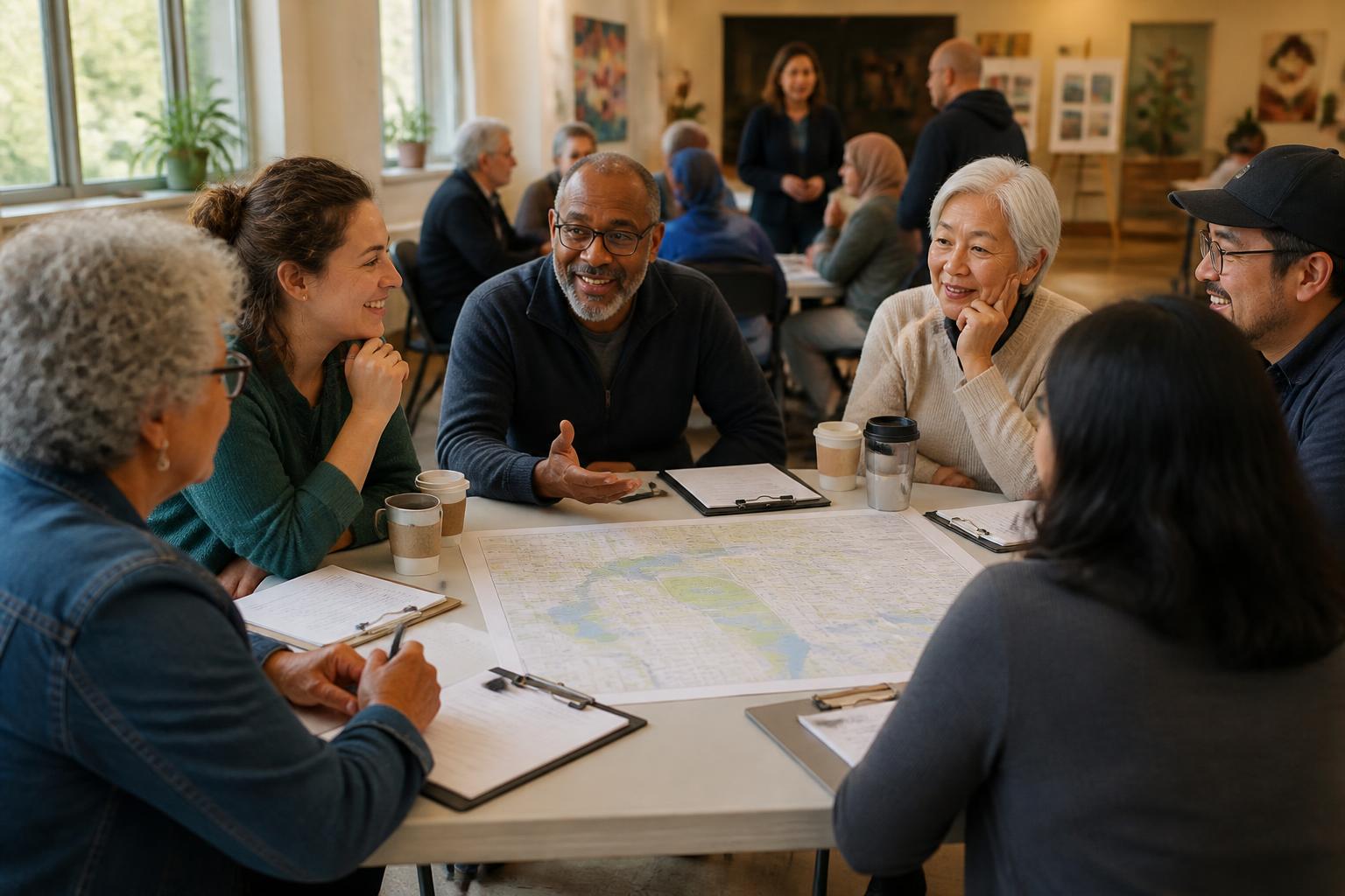 Oakville residents gathered around a table with a map of the town at a community meeting